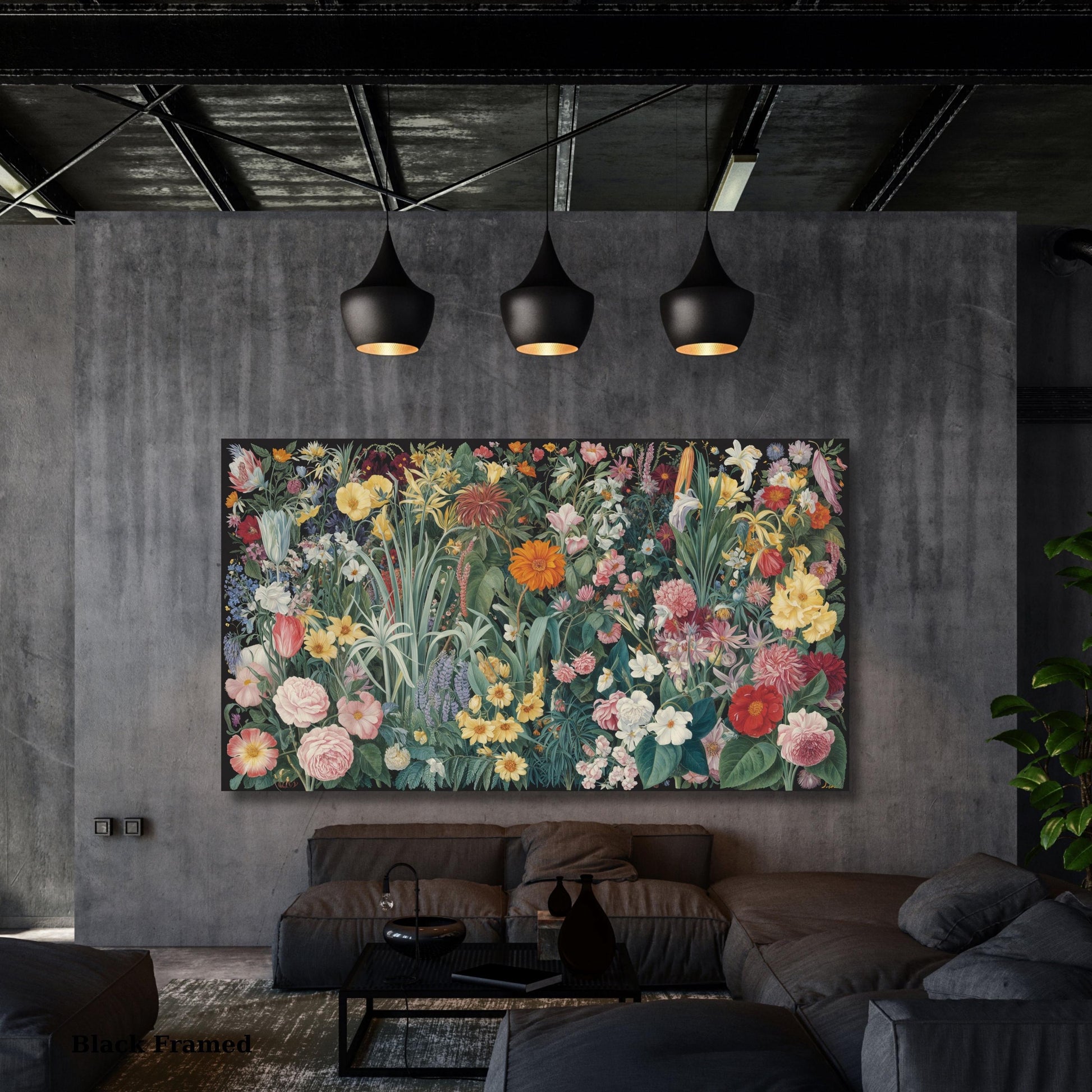 May include: A large, framed floral print featuring a vibrant array of flowers in various colors, including pink, yellow, orange, and white. The artwork is displayed above a dark gray sofa in a modern living room setting. The frame is black.