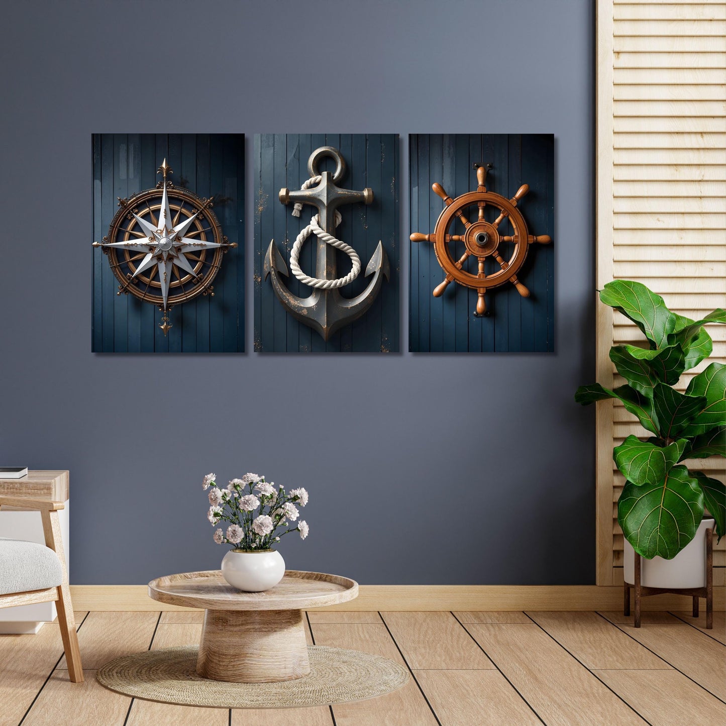 Nautical Canvas Wall Art Set of 3: Anchor, Compass, Helm Prints
