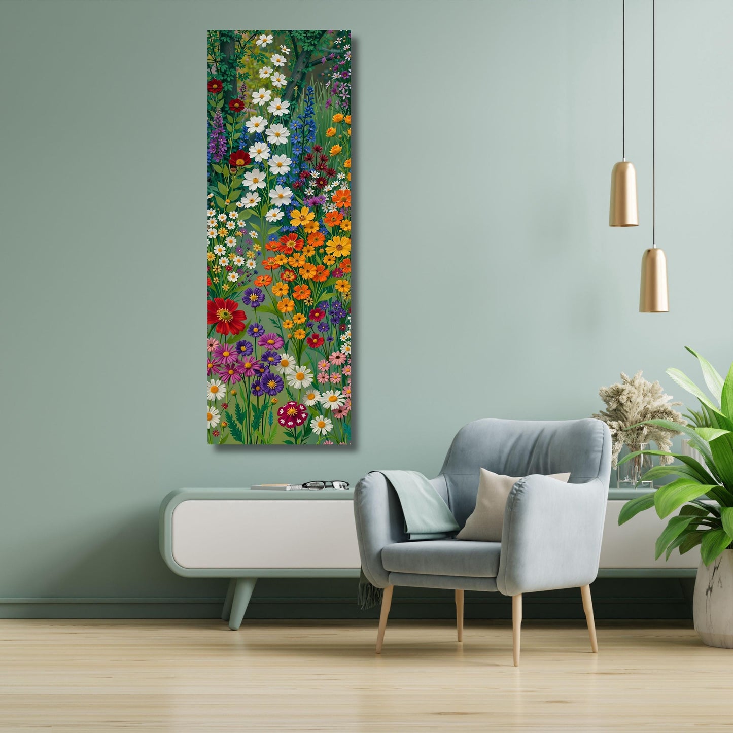 Klimt Style Wildflower Garden Tall Narrow Canvas, Botanical Nature Wall Art, Rustic Floral Vertical Print for Hallway or Bedroom art gift