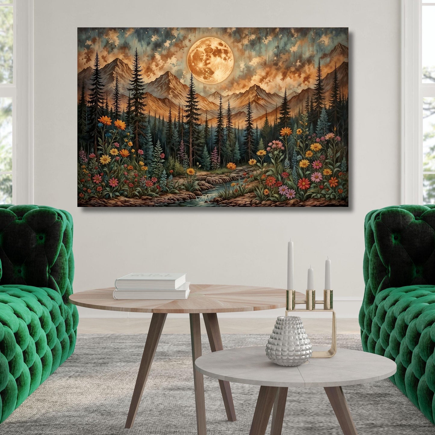 Klimt Inspired Moonlit Forest Canvas Art: Rustic Mountain Flower Print