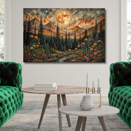 Klimt Inspired Moonlit Forest Canvas Art: Rustic Mountain Flower Print