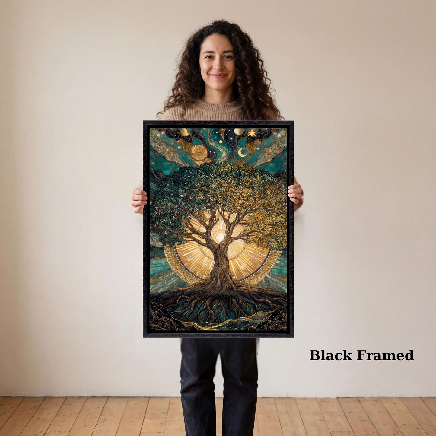Tree of Life Canvas Wall Art,Klimt &Dali Inspired Vertical Print,Mystical Sun and Moon Wall Decor,Surreal Spiritual Tree art,Tall Gold Decor