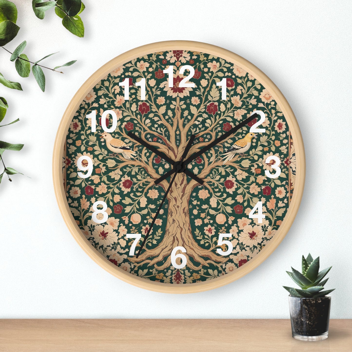 Floral Tree of Life Wall Clock | Vintage Botanical Design, Green & Red