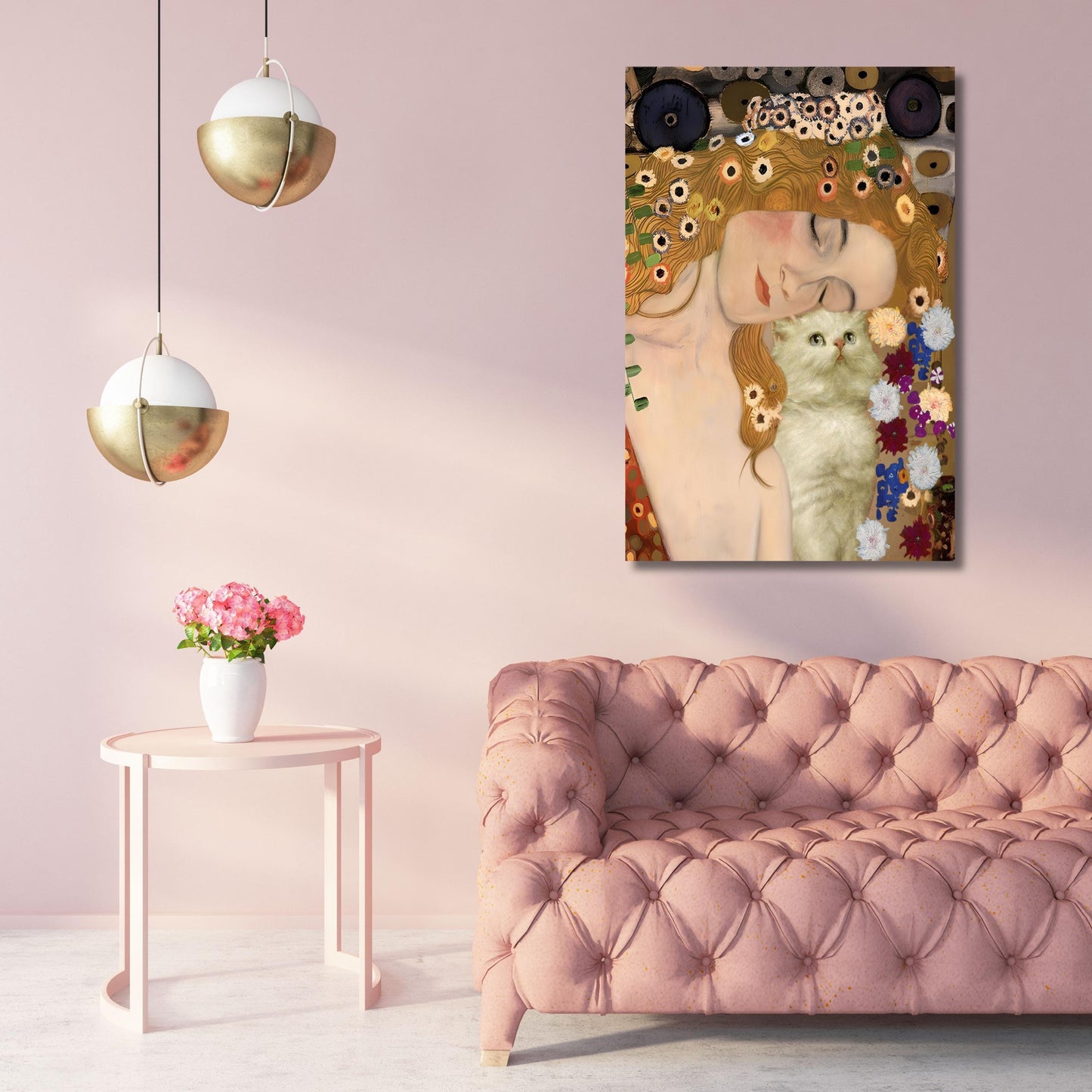 Gustav Klimt Inspired Mother and Cat Canvas – Whimsical Art Nouveau Style Wall Art – Cozy Decorative Print for Home or Nursery poster canvas