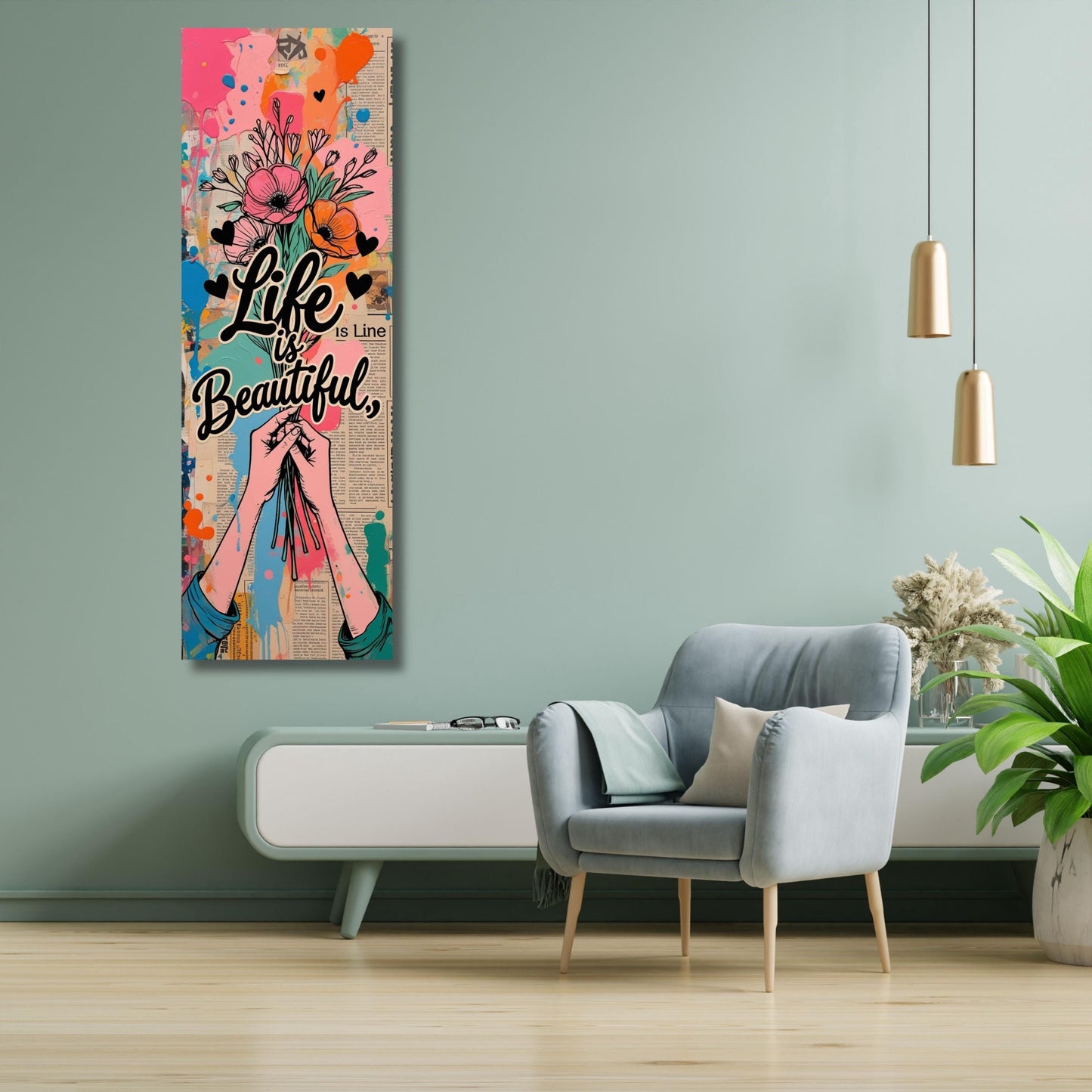Life Is Beautiful Long Narrow Canvas – Vertical Graffiti Wall Art – Modern Banksy Style Street Art Print for Hallway or Small Wall Spaces