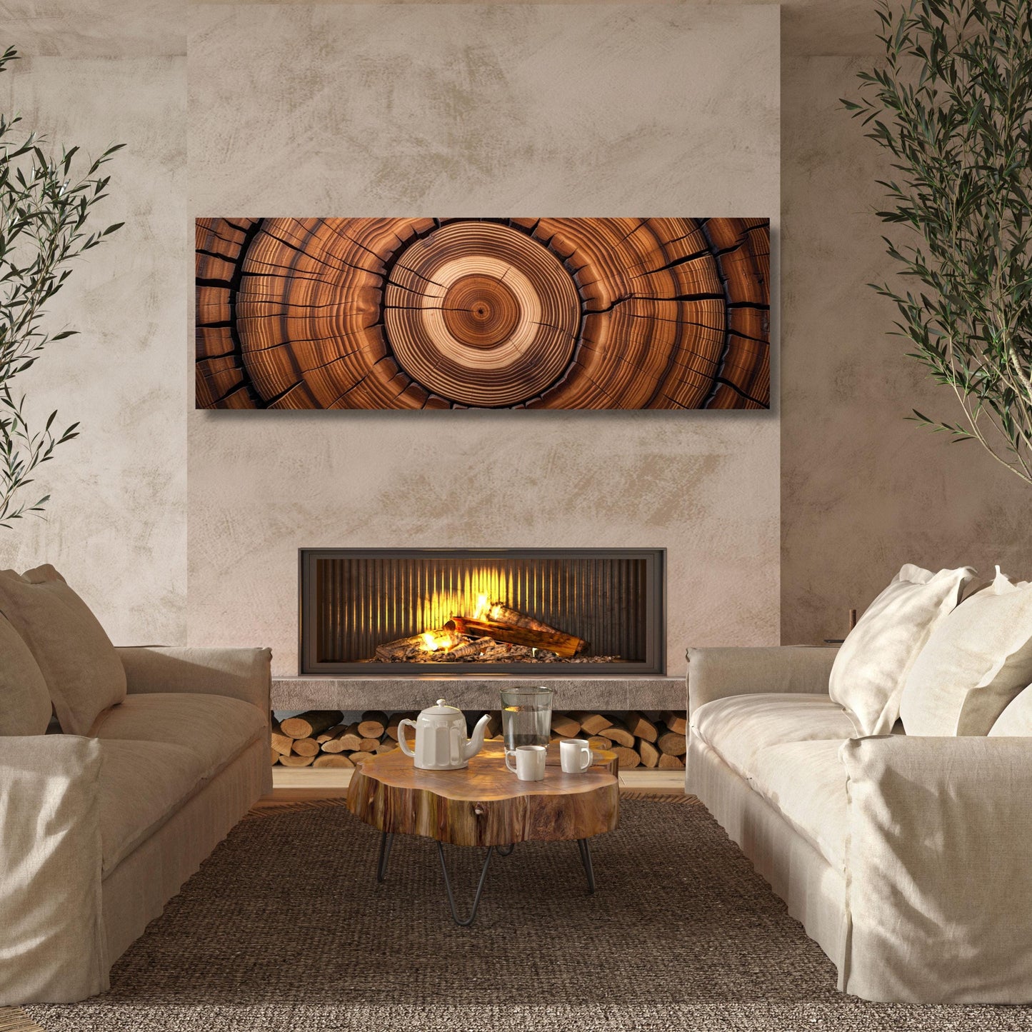 May include: A rectangular wooden wall art piece featuring a detailed cross-section of a tree trunk, showcasing concentric rings in shades of brown and tan. The artwork hangs above a fireplace with a lit fire, complemented by a rustic coffee table and neutral-toned furniture.