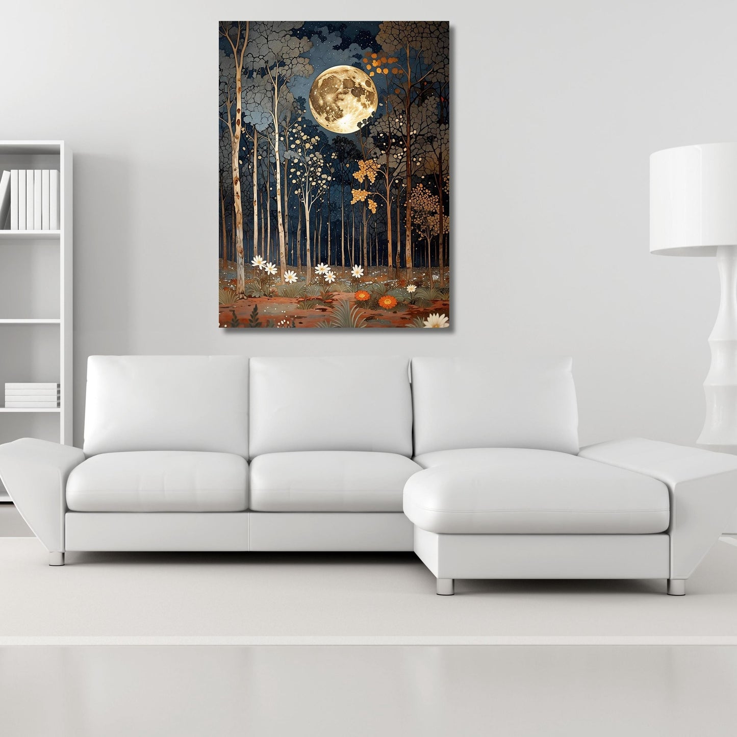 Full Moon Wildflower Canvas, Flower Garden Flower Market canvas, Moonlit Pine Tree Forest wall Art, Rustic Mountain Art, Woodland Klimt Gift