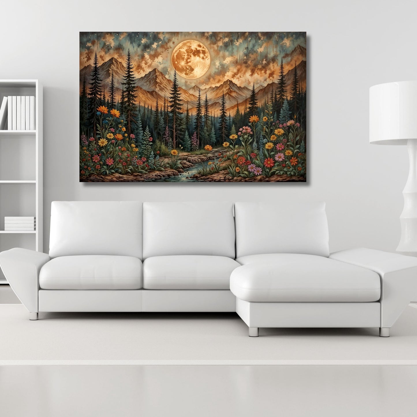 Klimt Inspired Moonlit Forest Canvas Art: Rustic Mountain Flower Print