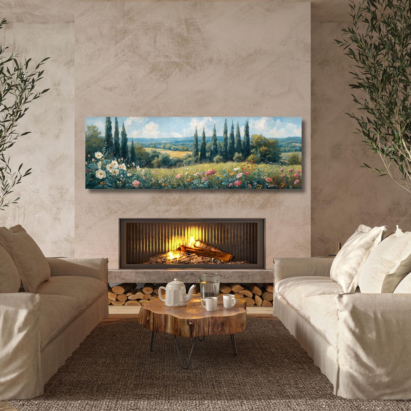 Horizontal Large Framed Canvas Art, Oversize Nature Print with Elegant Wood Frames, Modern Wall Hangings Klimt Inspired Botanical Landscape,
