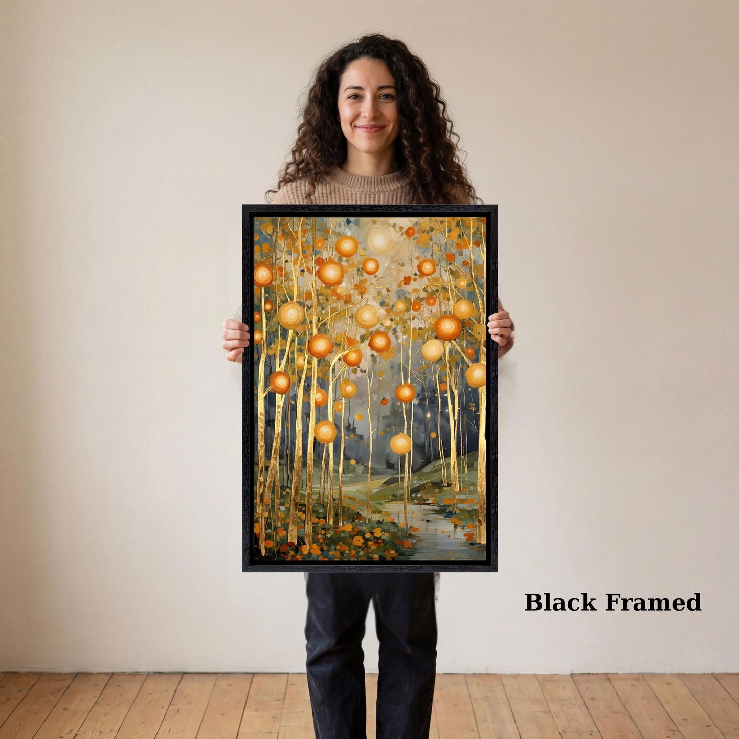 Gustav Klimt Style Golden Landscape, Mystical Symbolist Lake Art, Gold Geometric Wall Decor, Art Nouveau Canvas Print, Large Luxury Wall Art
