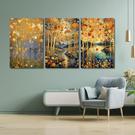 Set of 3 Gustav Klimt style Gold Night Canvas Wall Art Moon Stars Canvas Wall Art Modern Living Room Flowers Night Sky