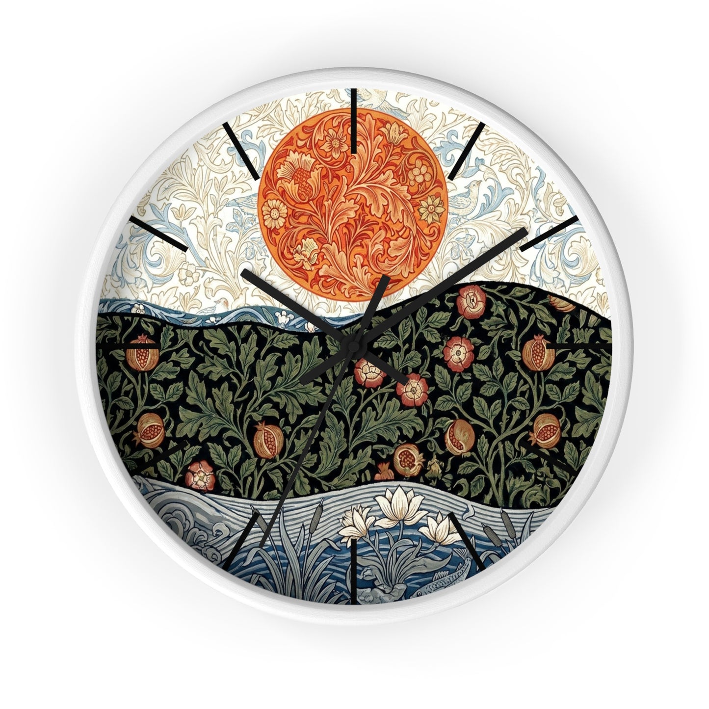 William Morris Style Floral Sun Wall Clock | Botanical Art Clock