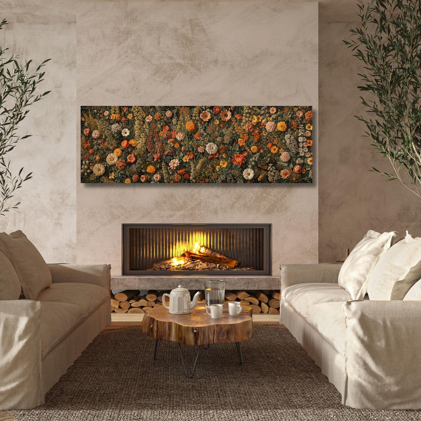 Floral Panorama Canvas Art, Moody Botanical Wildflower Wall Decor, Framed Garden Print Ready to Hang, Large Horizontal Flower Poster Art
