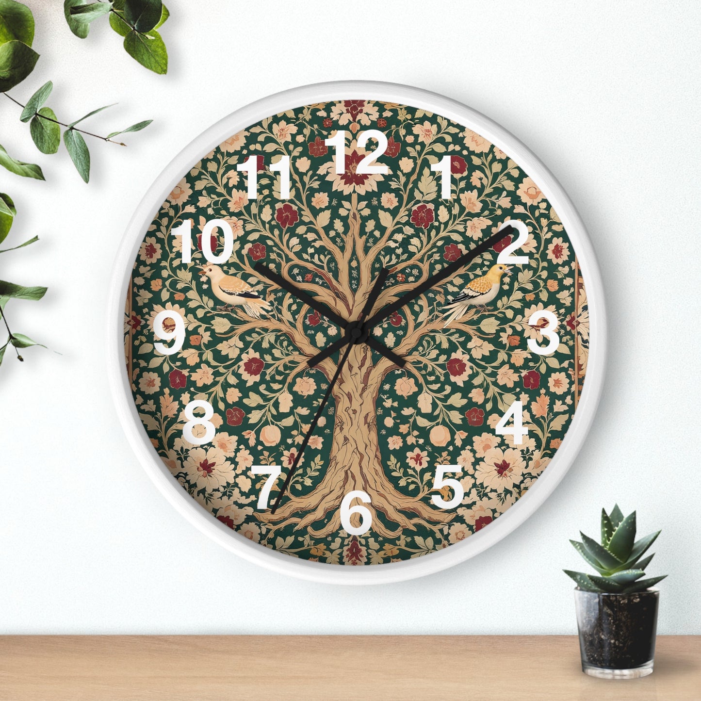 Floral Tree of Life Wall Clock | Vintage Botanical Design, Green & Red