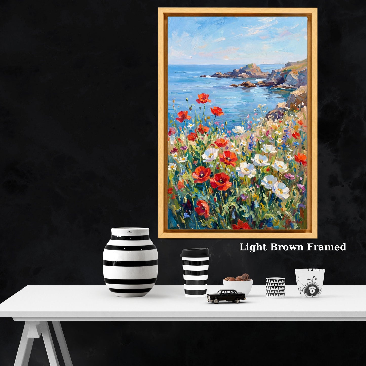 Coastal Poppy Field Canvas Art, Ocean Landscape Wall Decor, Impressionist Seascape Painting, Vertical Wildflower Meadow Print, Blue Sea Art