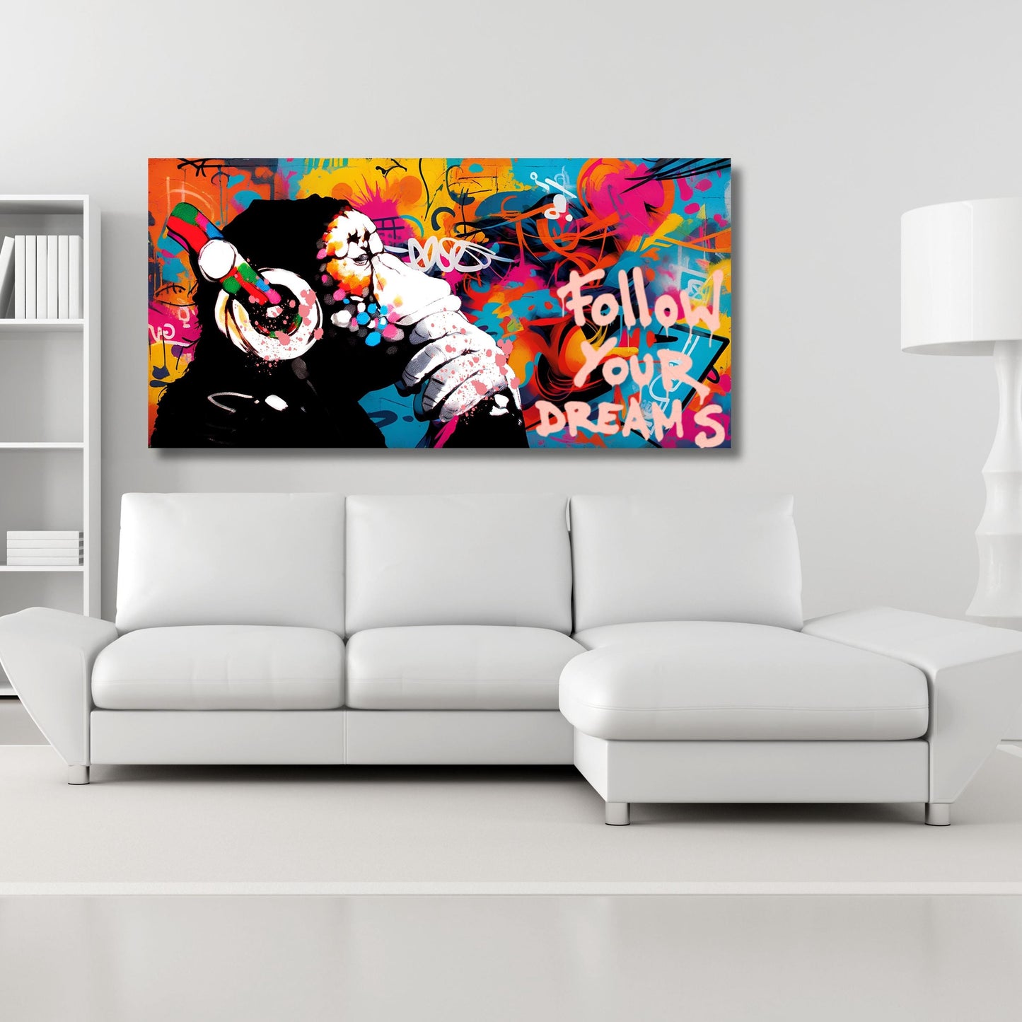 Banksy DJ Monkey Canvas Wall Art Banksy Thinking Monkey Music Thinker Graffiti Wall Art Extra Large Wall Art Gorilla Chimp Ready to Hang