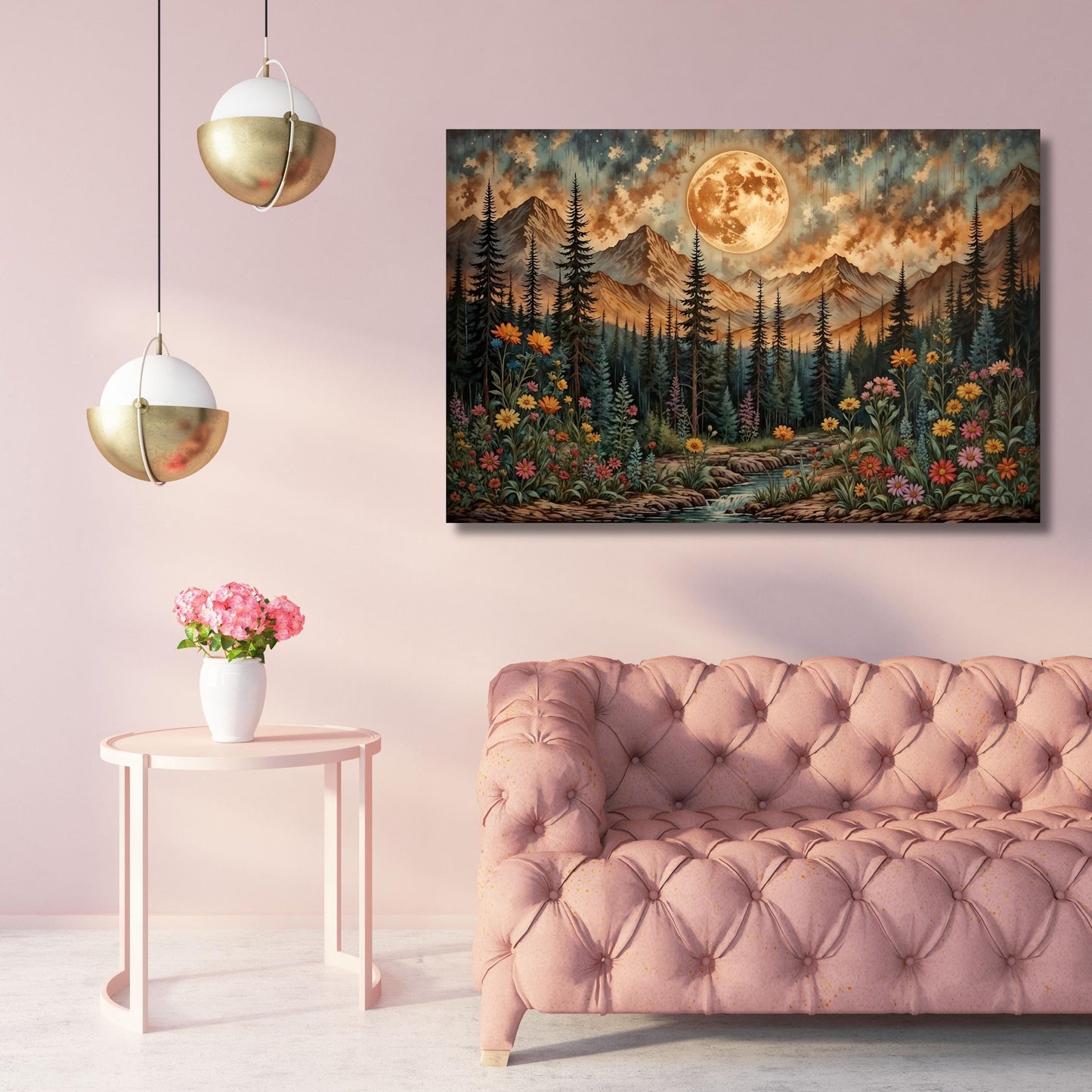 Klimt Inspired Moonlit Forest Canvas Art: Rustic Mountain Flower Print
