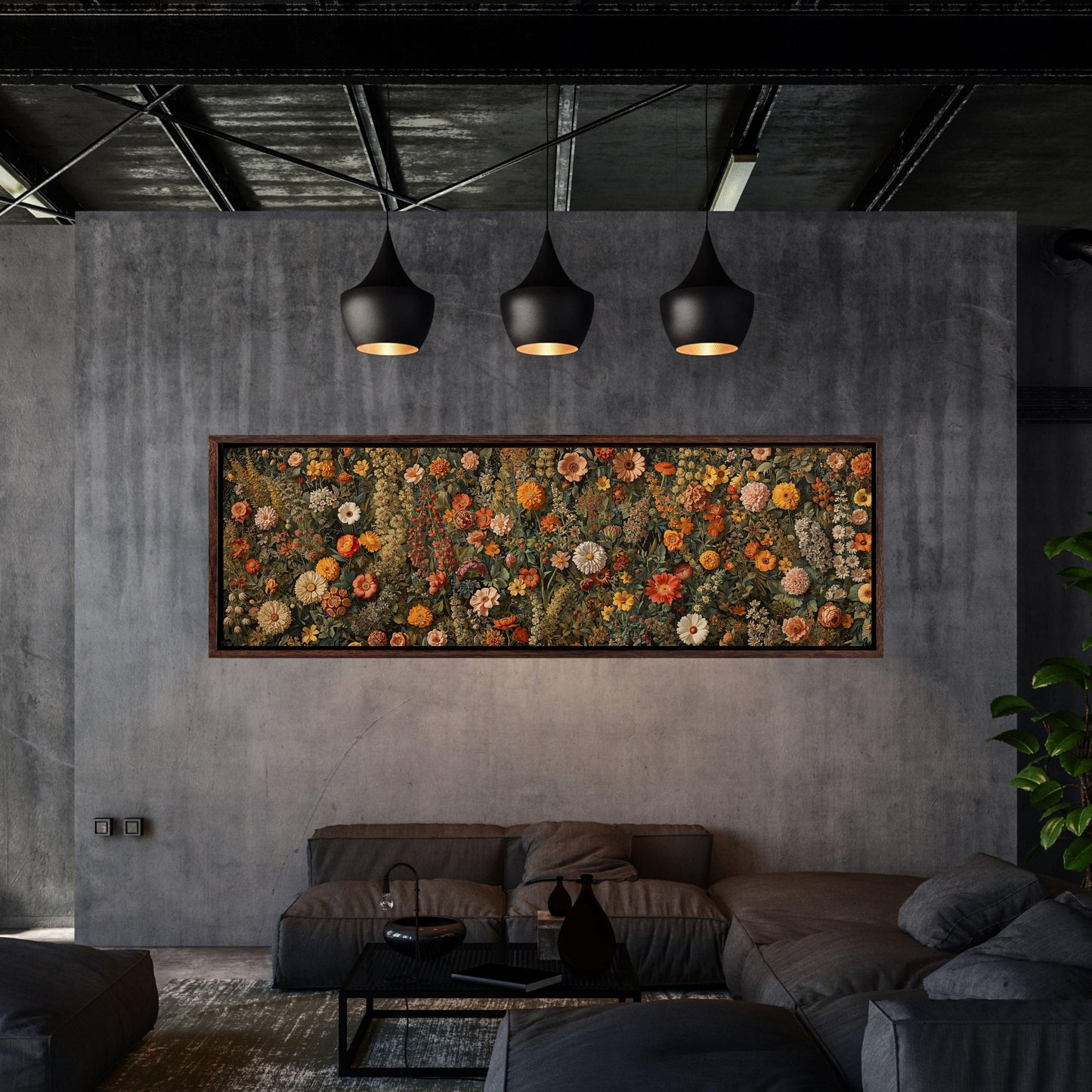 Floral Panorama Canvas Art, Moody Botanical Wildflower Wall Decor, Framed Garden Print Ready to Hang, Large Horizontal Flower Poster Art