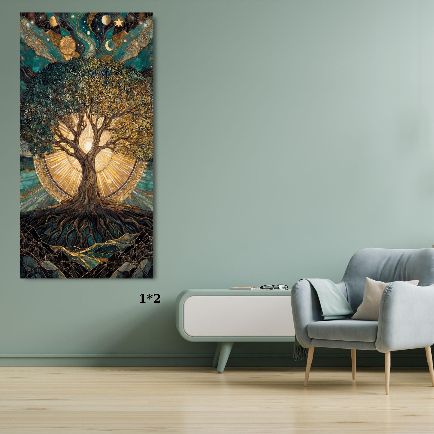 Tree of Life Canvas Wall Art,Klimt &Dali Inspired Vertical Print,Mystical Sun and Moon Wall Decor,Surreal Spiritual Tree art,Tall Gold Decor