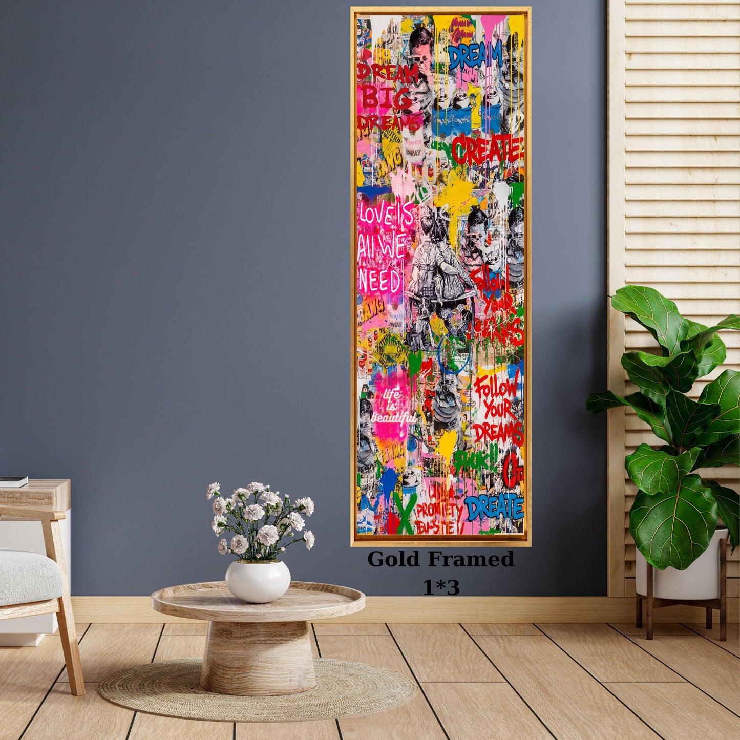 Long Narrow Wall Art Banksy & Pop Art Style Canvas, Motivational Graffiti Wall Art, Life is Beautiful Street Art, Love is All We Need Print