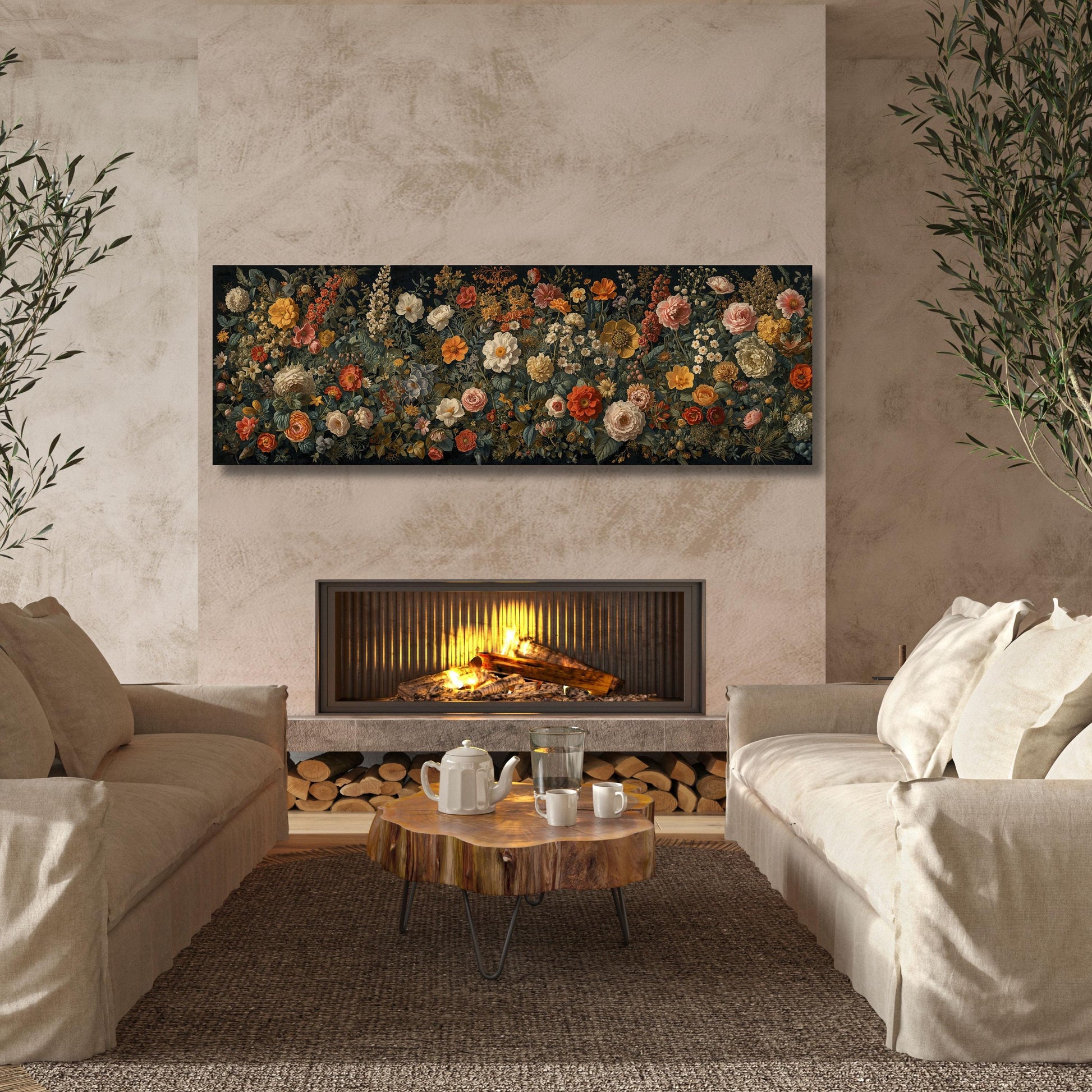 May include: A long, rectangular floral canvas print featuring a variety of flowers in shades of red, orange, yellow, and white. The artwork hangs above a fireplace with a lit fire. The room includes two beige sofas, a wooden coffee table, and a rug.