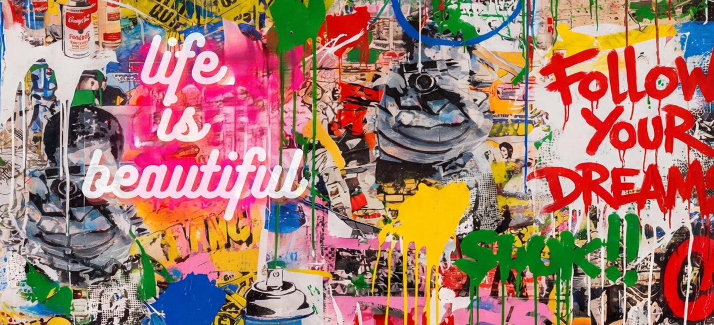 Long Narrow Wall Art Banksy & Pop Art Style Canvas, Motivational Graffiti Wall Art, Life is Beautiful Street Art, Love is All We Need Print