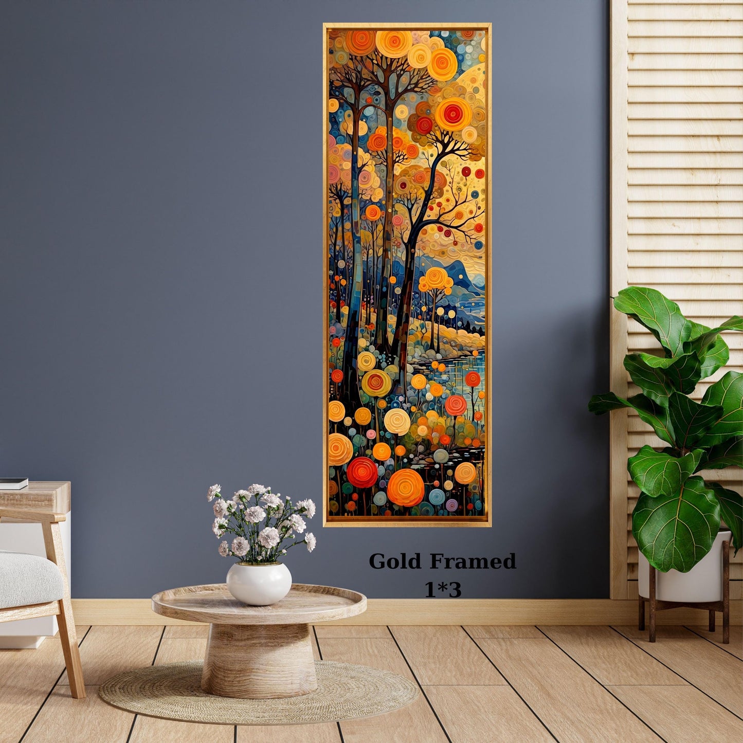 Klimt Style Long Canvas Wall Art, Vertical Waterfall Landscape Painting, Impressionist Forest and Mountain Decor, Tall Narrow Canvas Print