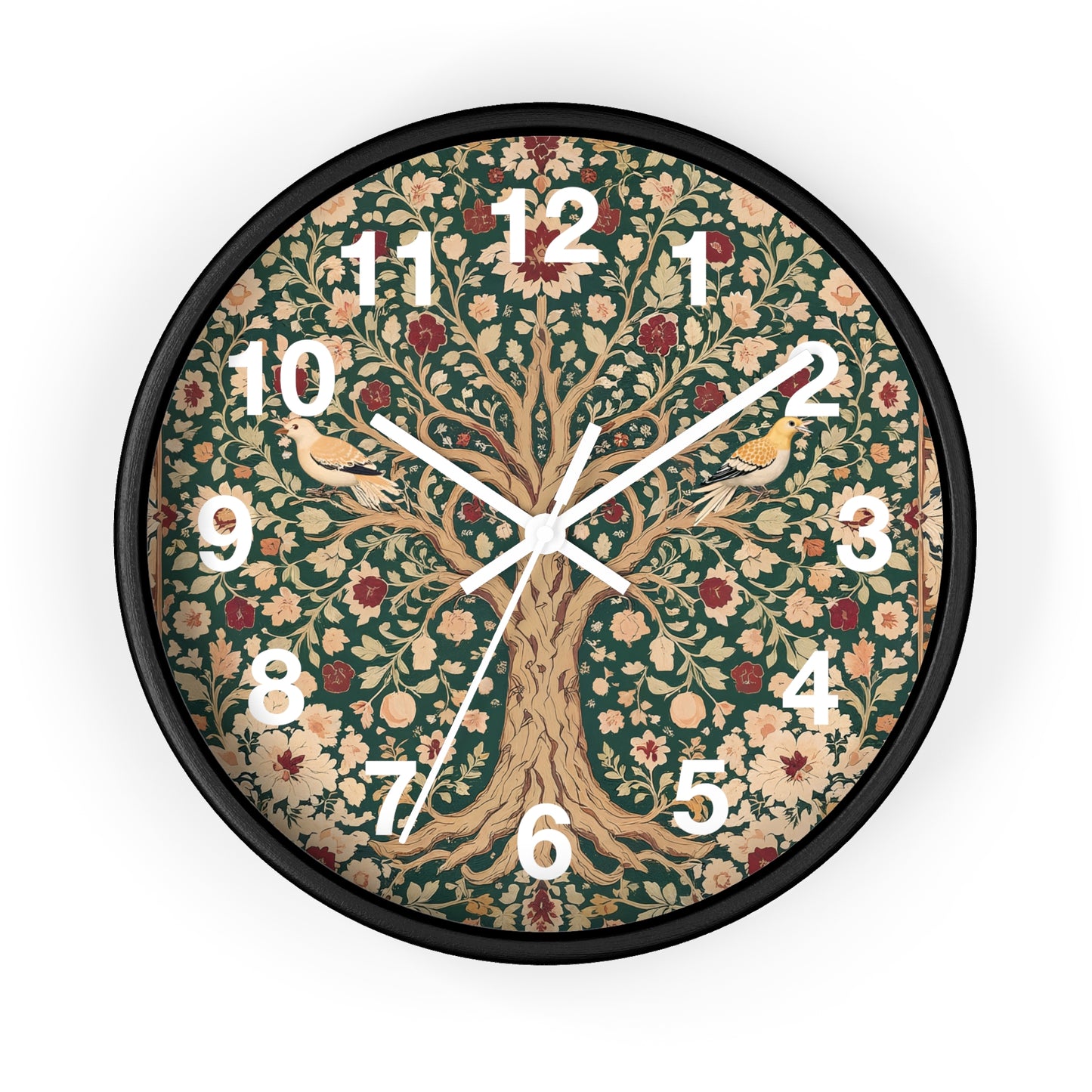 Floral Tree of Life Wall Clock | Vintage Botanical Design, Green & Red