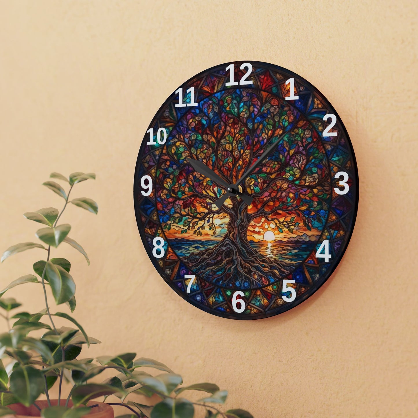 Stained Glass Tree of Life Acrylic Wall Clock | Colorful Sunset Nature Decor