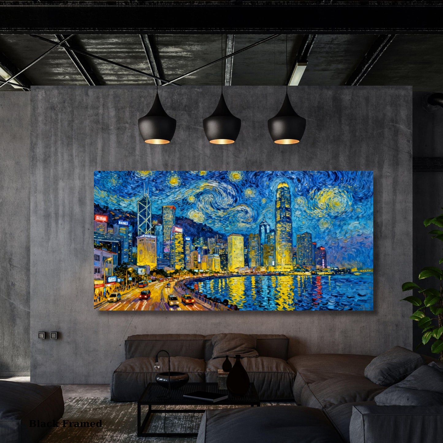 Hong Kong at Night in the Style of Van Gogh – Starry Night Inspired Canvas Wall Art Ready to Hang/ poster City Night Wall Art