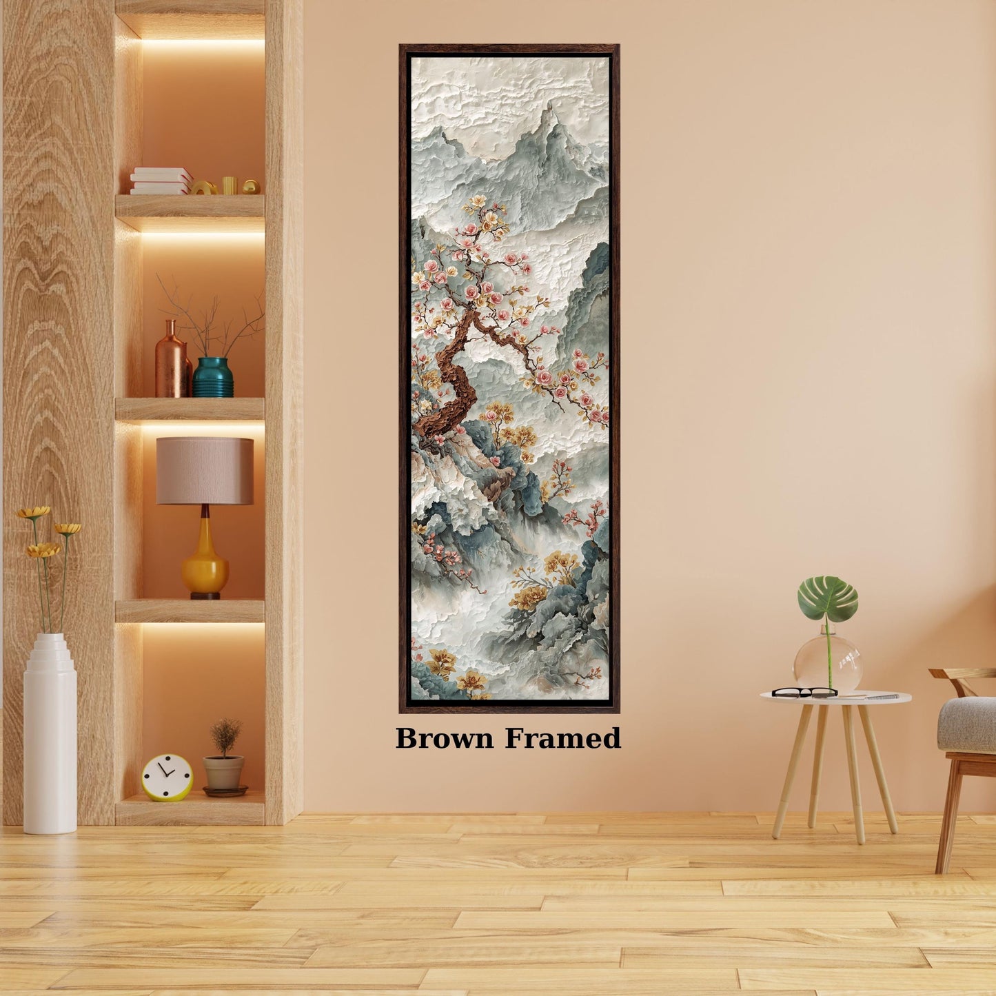 Long Narrow Golden Floral Abstract Canvas Art, Japanese Cherry Blossom & Foggy Mountain Tall Narrow Wall Art