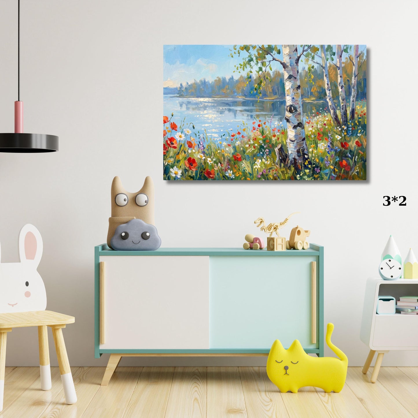 Panoramic Lake Landscape Canvas Art, Birch Tree and Red Poppies Wall Decor,Impressionist Nature Painting, Large Horizontal Living Room Decor