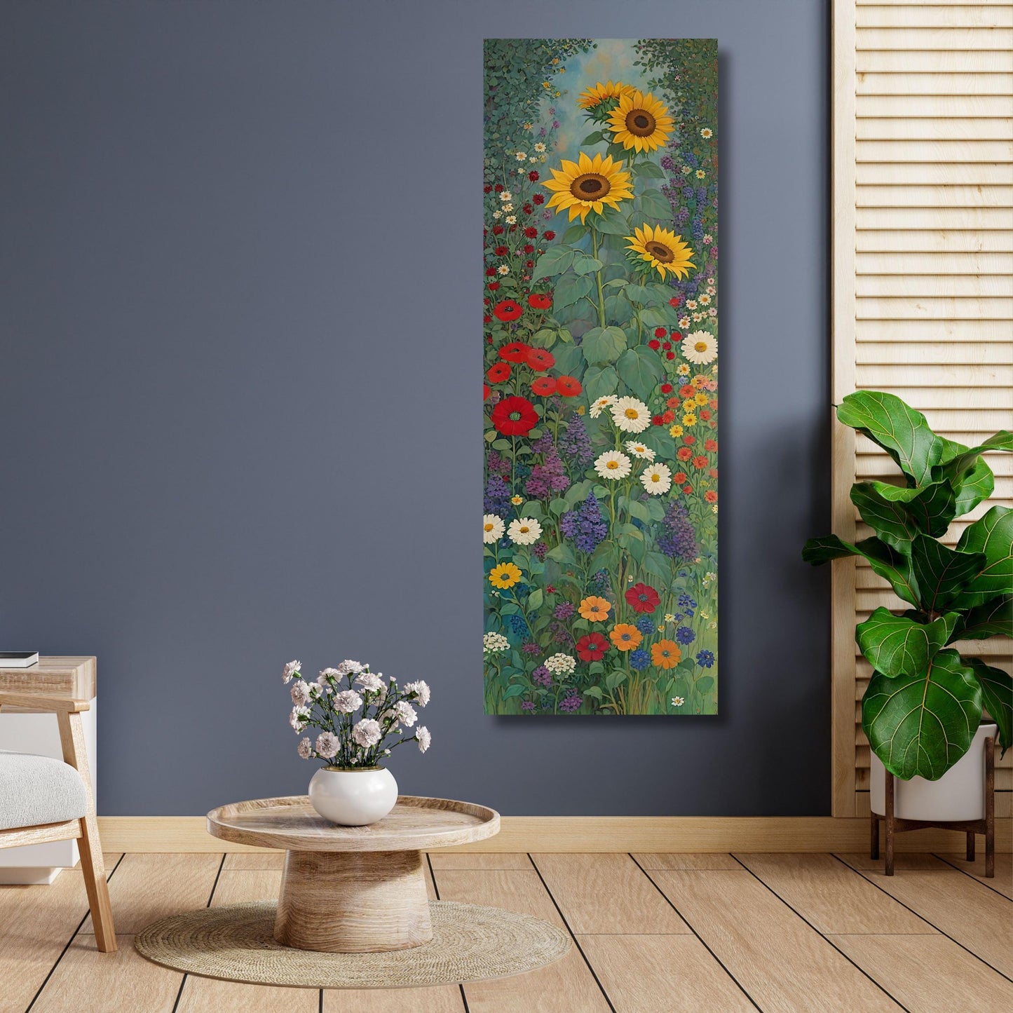 Klimt Style Sunflower Wildflower Garden Tall Narrow Canvas, Botanical Nature Wall Art, Rustic Floral Vertical Print for Hallway or Bedroom