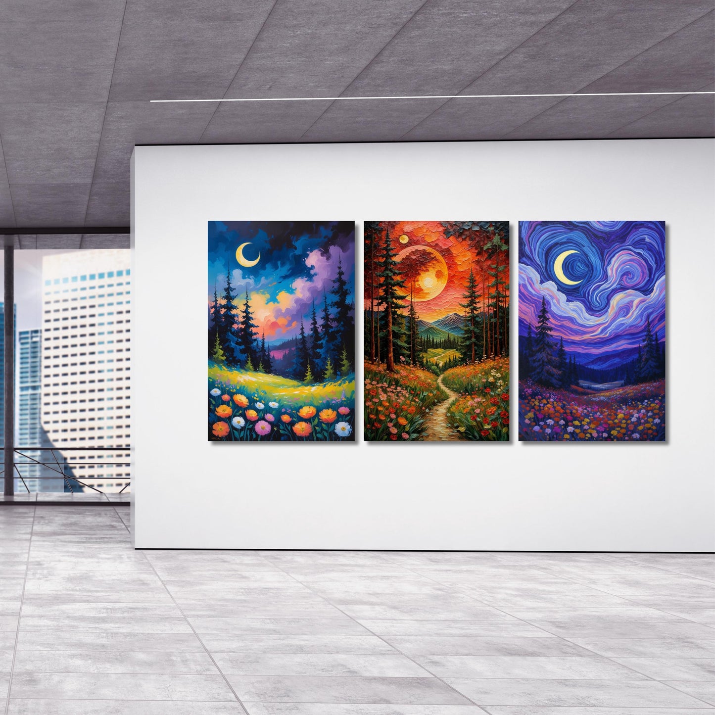 May include: Three framed landscape paintings depicting nighttime scenes. Each canvas features a crescent moon, trees, and colorful skies. The paintings are displayed on a white wall in a modern art gallery setting.