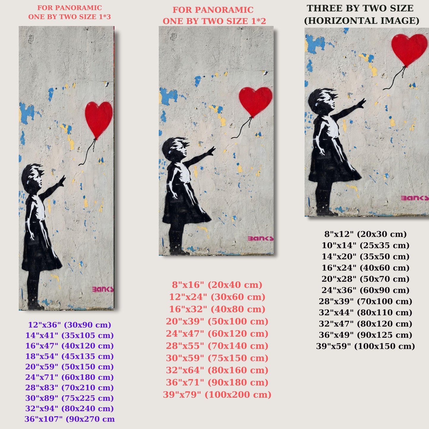 Long Narrow Banksy Girl with Balloon Canvas Wall Art - Street Art Graffiti Decor - Modern Living Room Print - Iconic Balloon Girl Replica