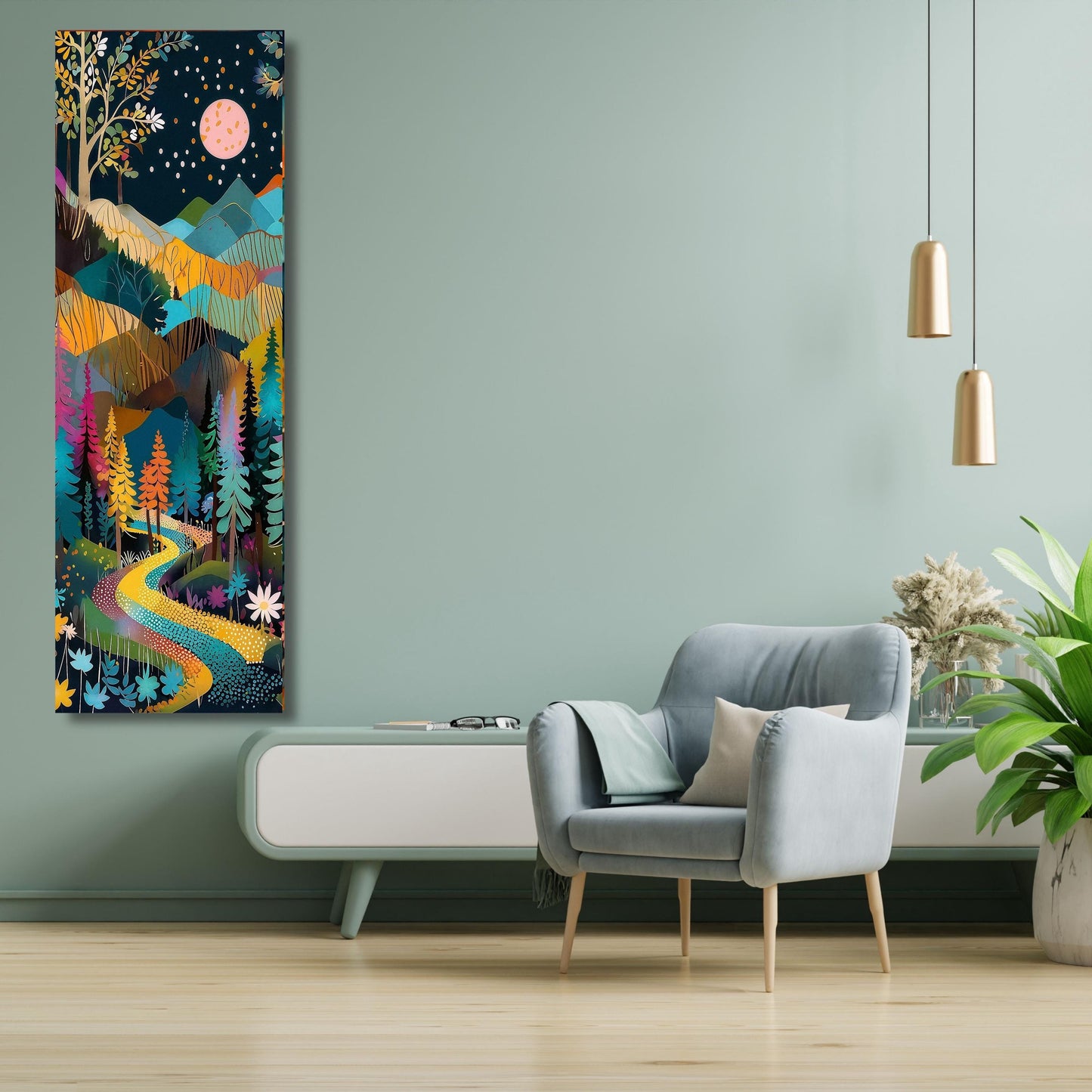 Moon Long Narrow Canvas Wall Art Vertical Nature Print Tall Modern sun Tree or Mountain Wall Decor for Hallway,Entryway Small Space Styling