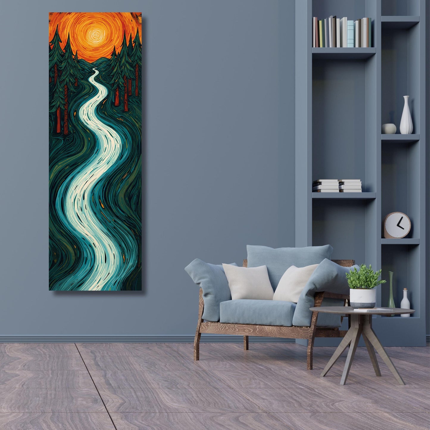 Vertical Nature Print - Tall Modern Tree & Mountain Wall Decor for Hallway