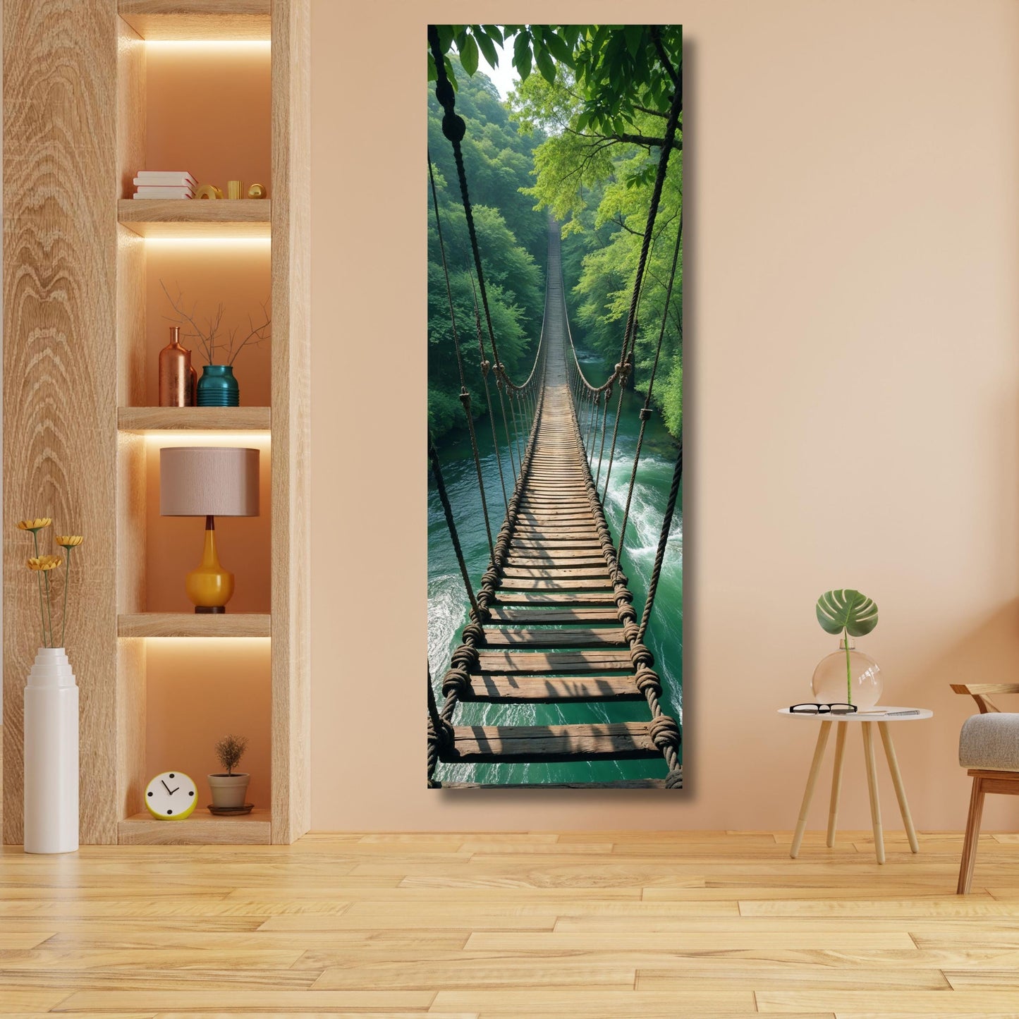 Long Narrow Canvas Wall Art Vertical Nature Print Tall Modern sun Tree or Mountain Wall Decor for Hallway,Wooden Bridge Print canvas
