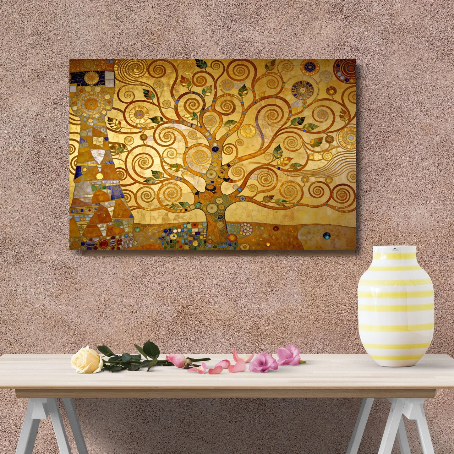 Modern Klimt Style Tree of Life Canvas Art, Gold Abstract Tree Mural, Contemporary Art Nouveau Decor, Unique Masterpiece Print