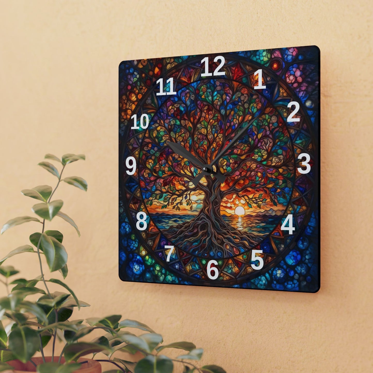 Stained Glass Tree of Life Acrylic Wall Clock | Colorful Sunset Nature Decor