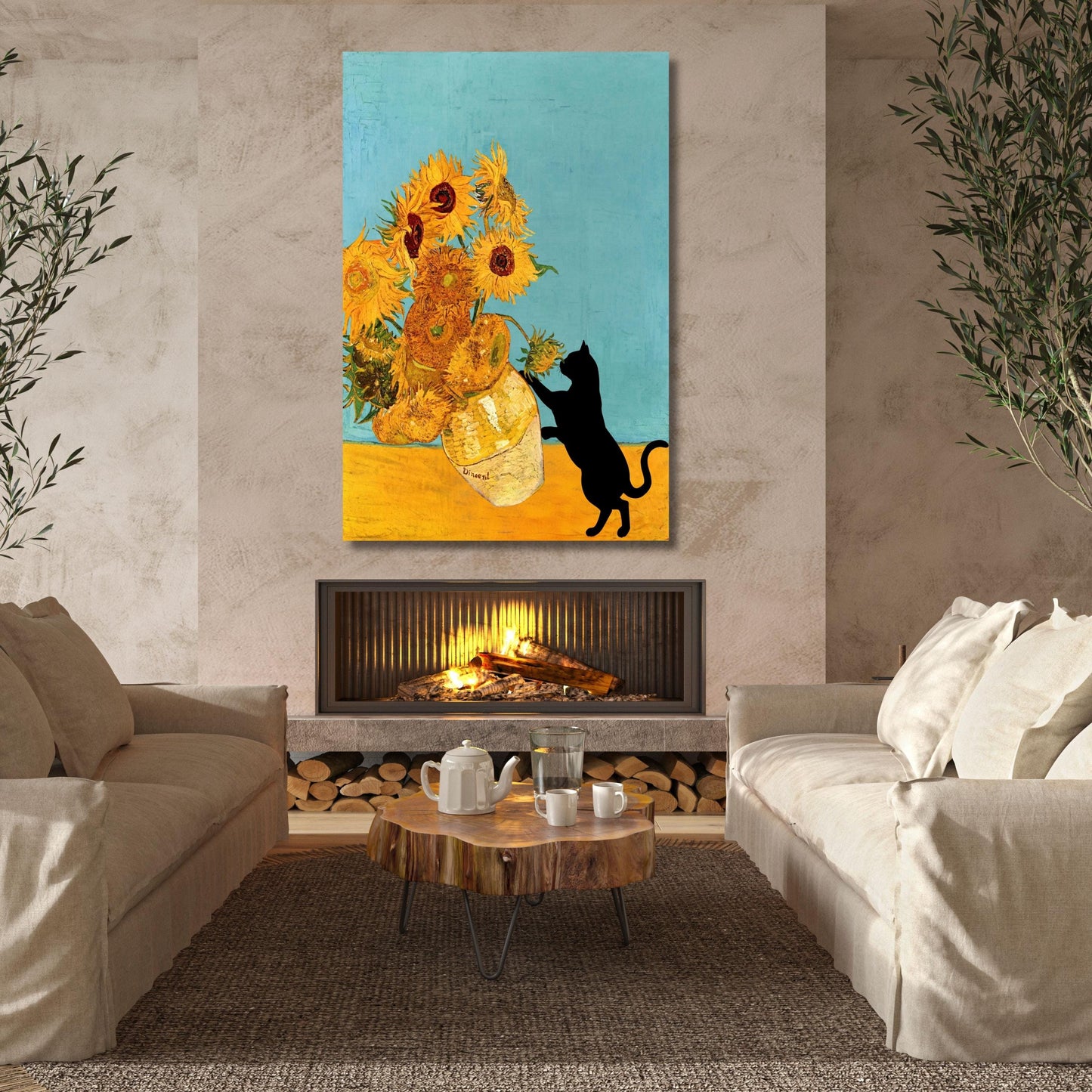 Funny Cat Canvas Print – Van Gogh Sunflowers Still Life Art
