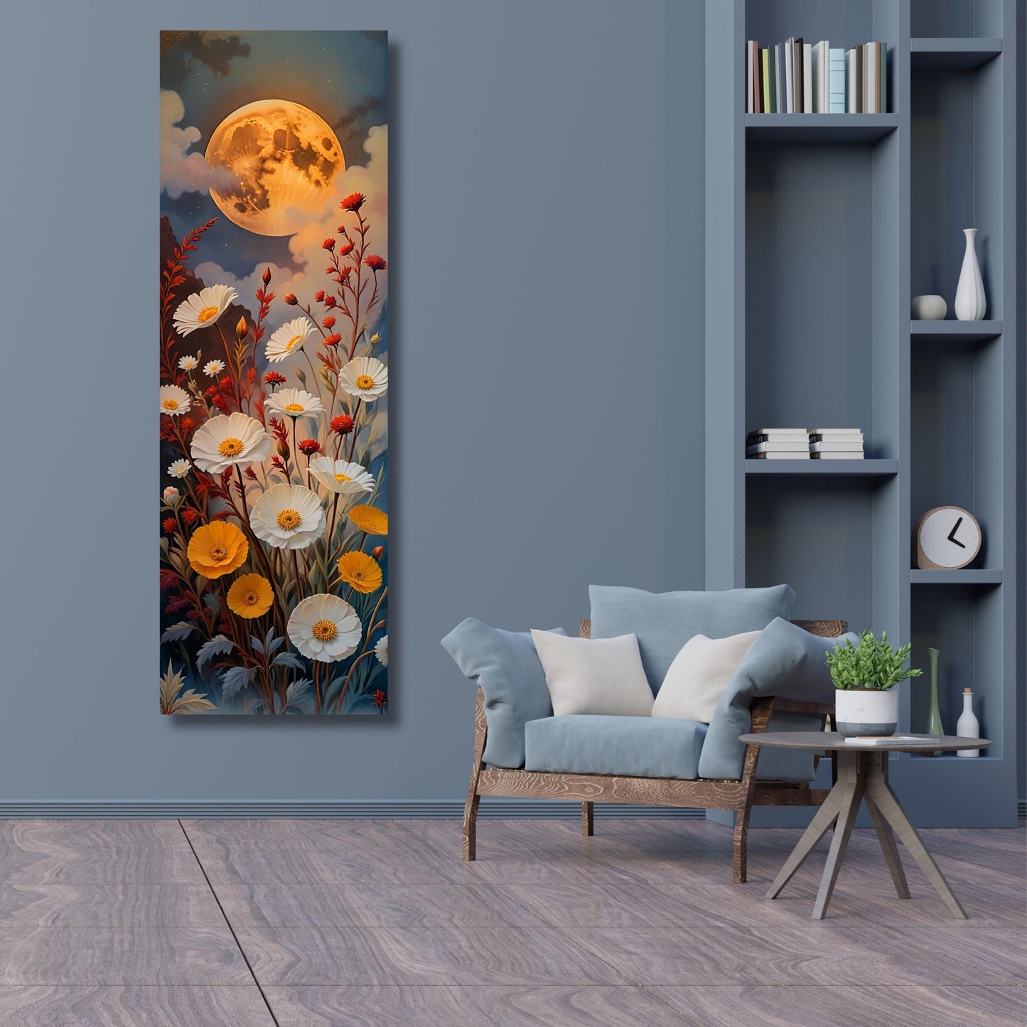 Klimt-Inspired Wildflower Canvas Art: Moonlit Forest, Rustic Mountain Decor