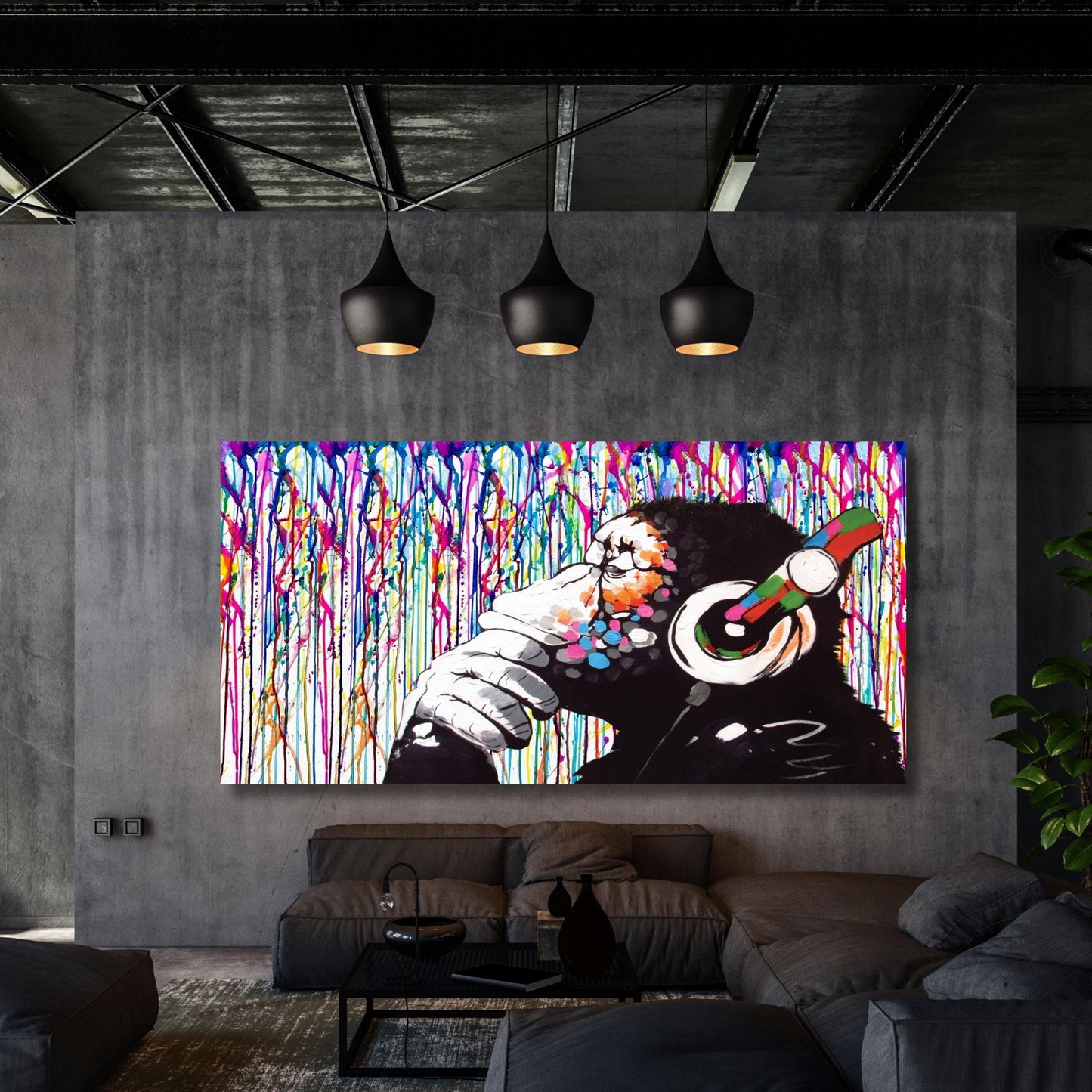 Banksy DJ Monkey Canvas Wall Art Banksy Thinking Monkey Music Thinker Graffiti Wall Art Extra Large Wall Art Gorilla Chimp Ready to Hang