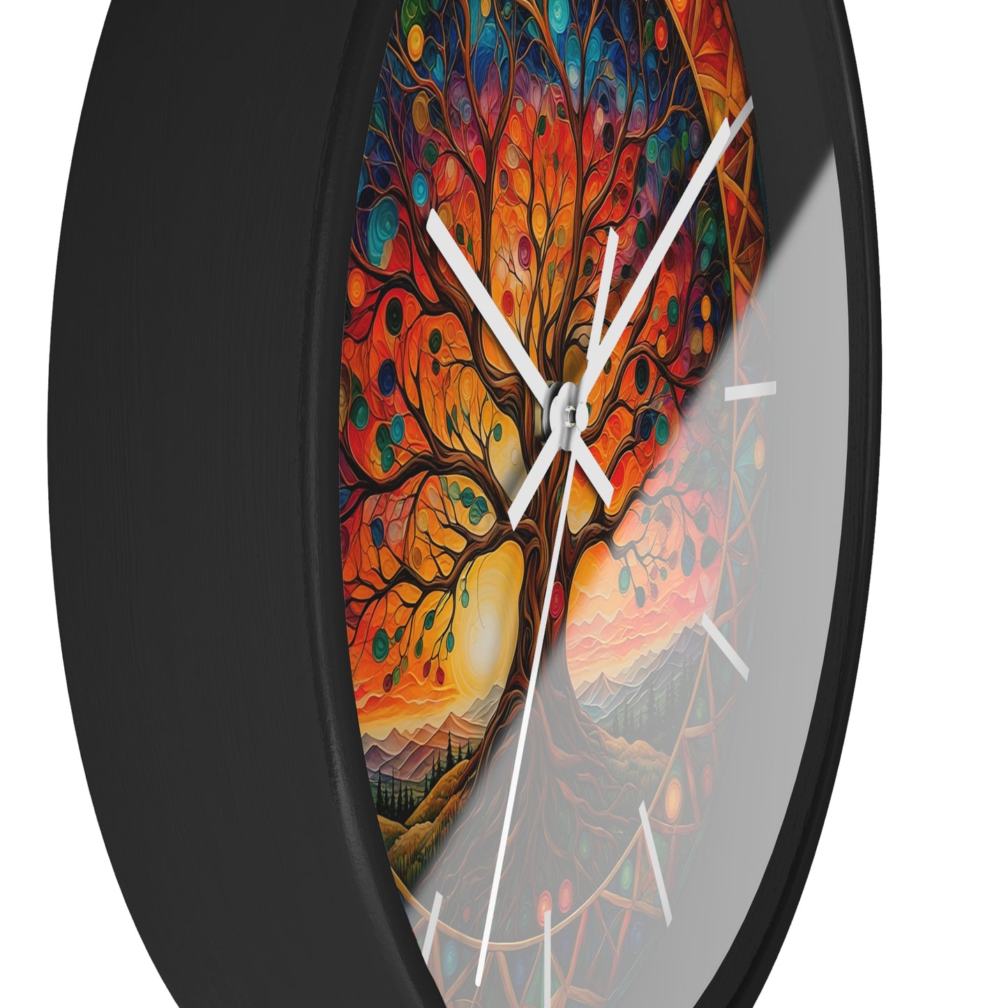 Colorful Tree of Life Wall Clock | Stained Glass Mandala, Sunset Landscape