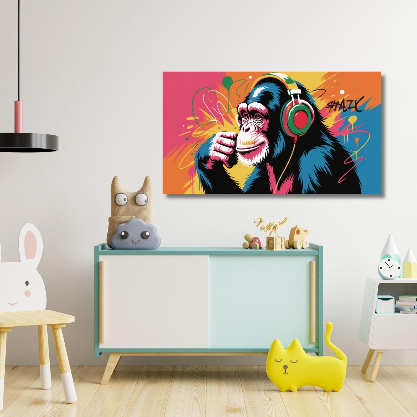 a colorful and playful room with a large, vibrant poster of a monkey wearing headphones on the wall. The room also includes a small cabinet, a chair, and a cat figurine, creating a cozy and whimsical atmosphere.