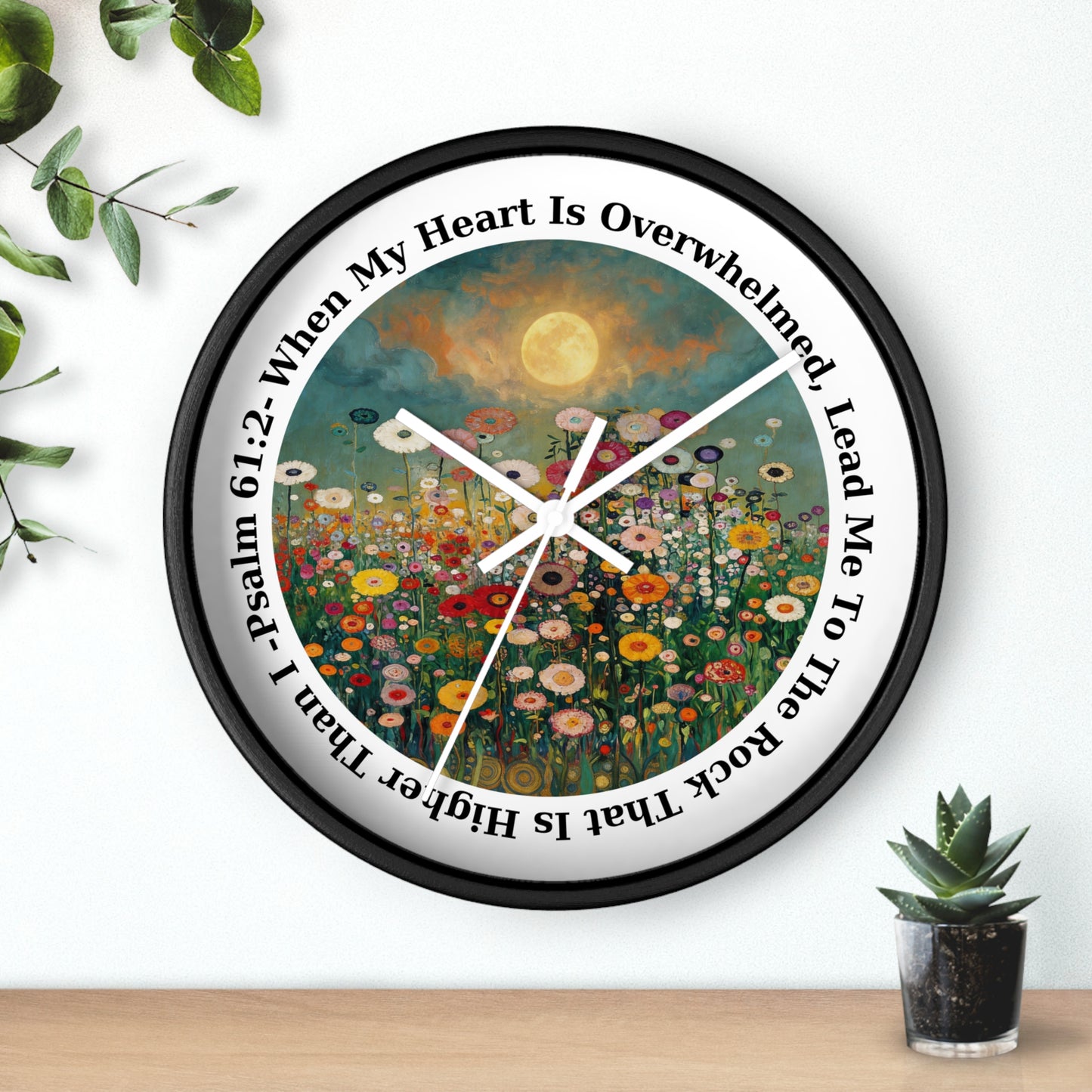 Moonlit Wildflower Field Wall Clock | Psalm 61:2 Scripture Clock