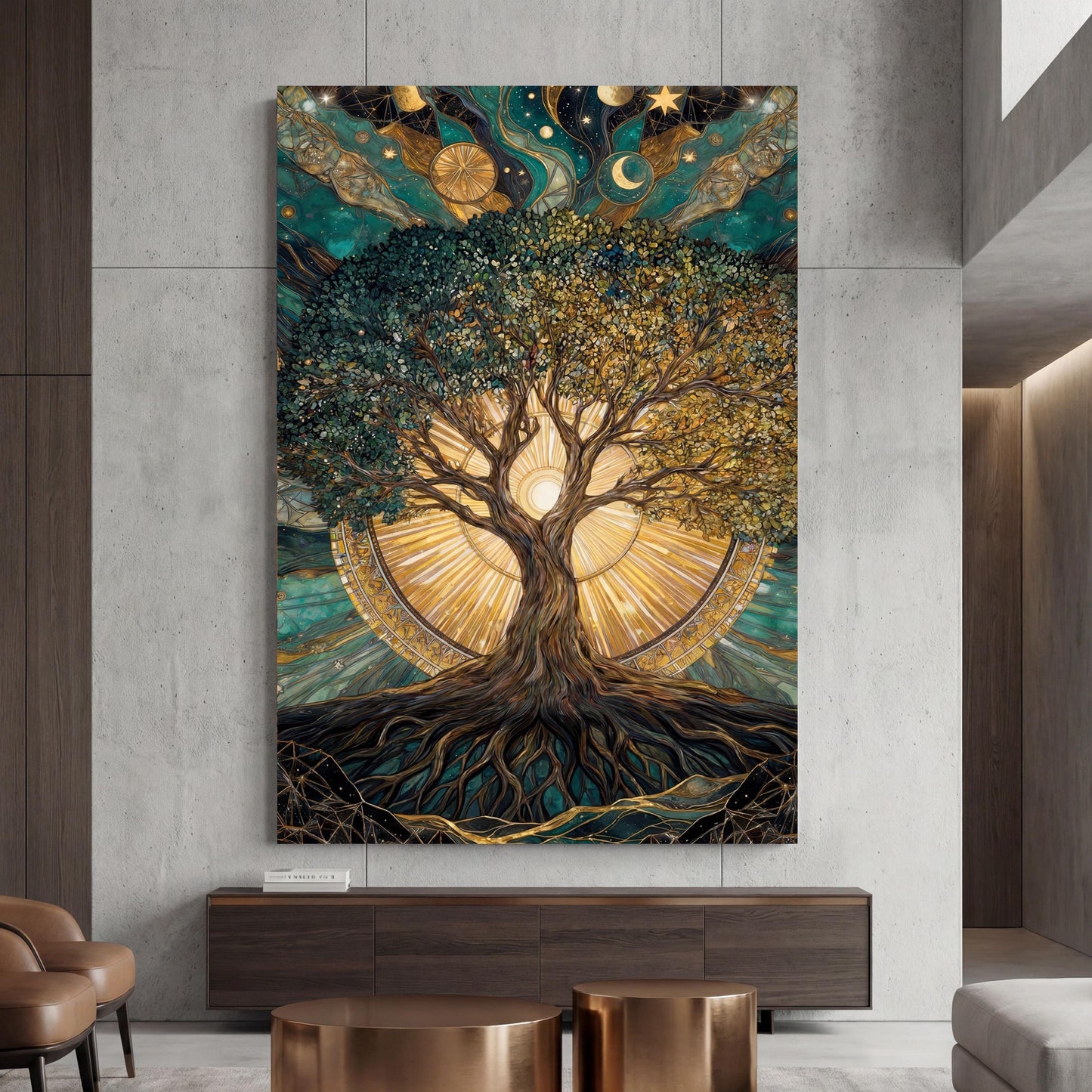 Tree of Life Canvas Wall Art,Klimt &Dali Inspired Vertical Print,Mystical Sun and Moon Wall Decor,Surreal Spiritual Tree art,Tall Gold Decor