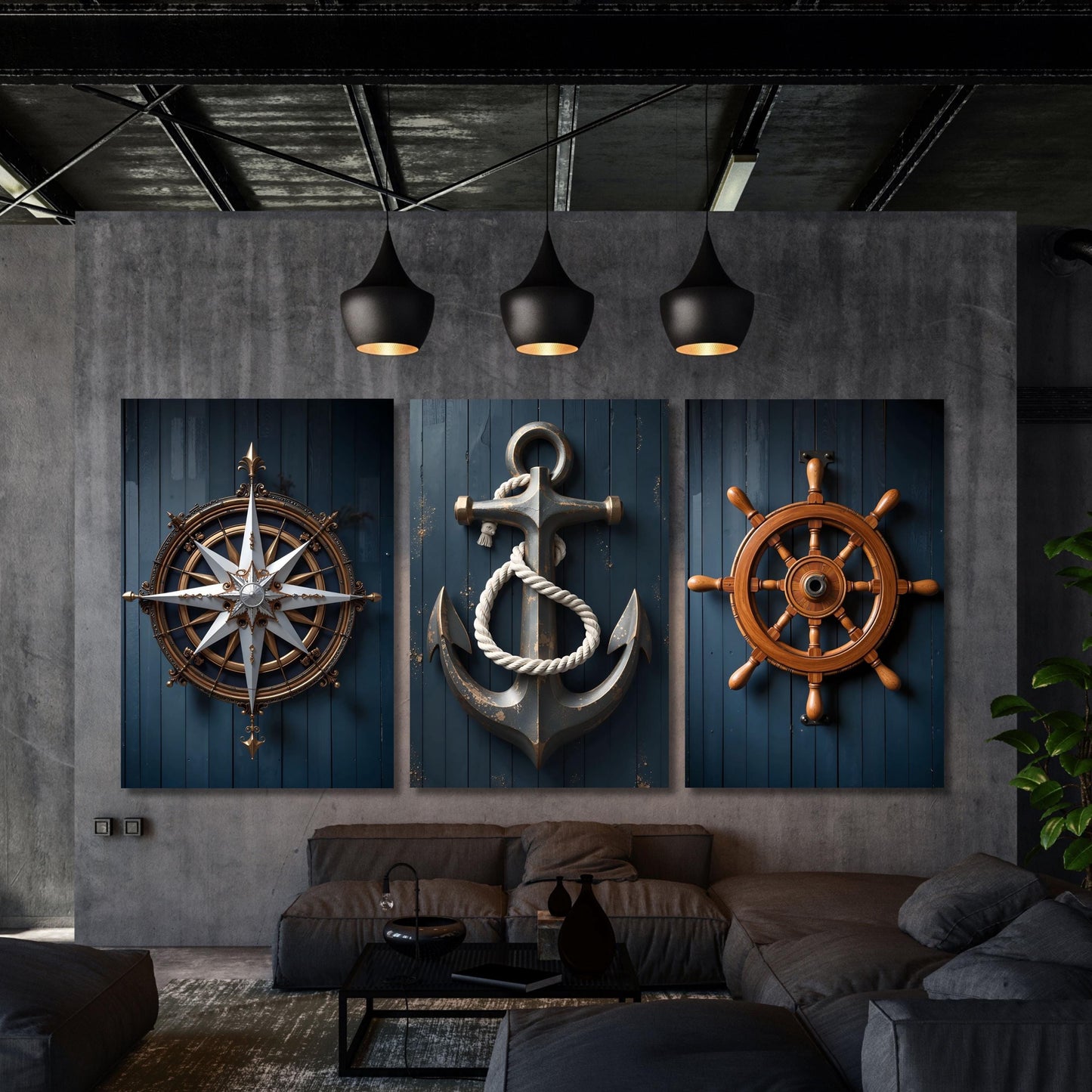 Nautical Canvas Wall Art Set of 3: Anchor, Compass, Helm Prints