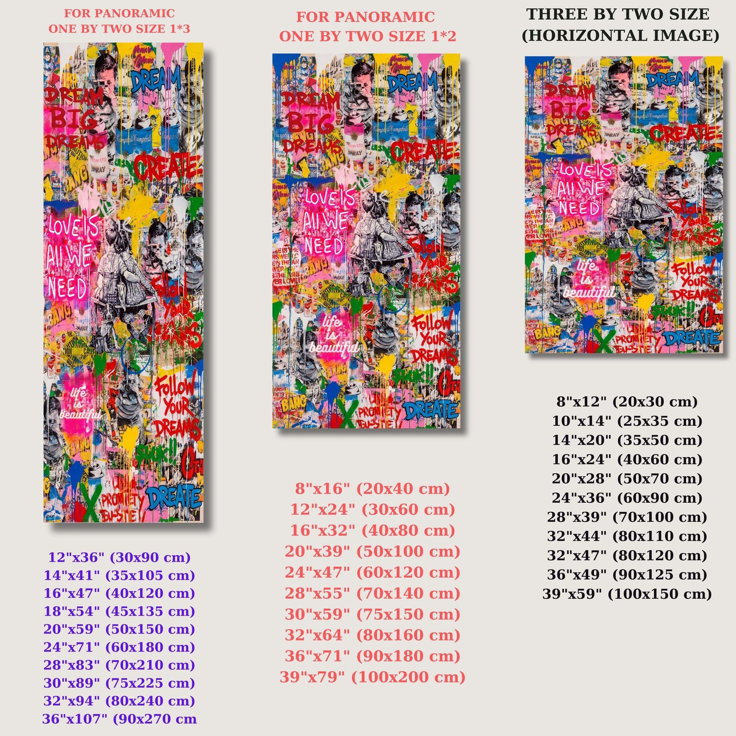 Long Narrow Wall Art Banksy & Pop Art Style Canvas, Motivational Graffiti Wall Art, Life is Beautiful Street Art, Love is All We Need Print
