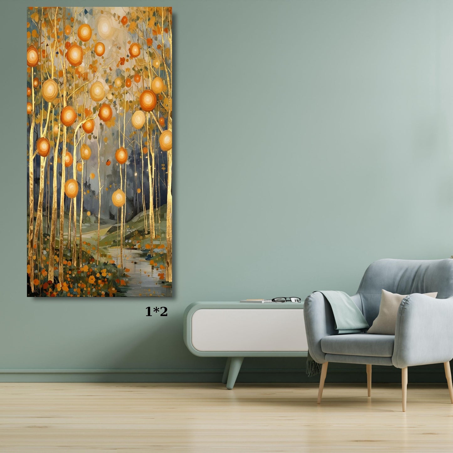Gustav Klimt Style Golden Landscape, Mystical Symbolist Lake Art, Gold Geometric Wall Decor, Art Nouveau Canvas Print, Large Luxury Wall Art